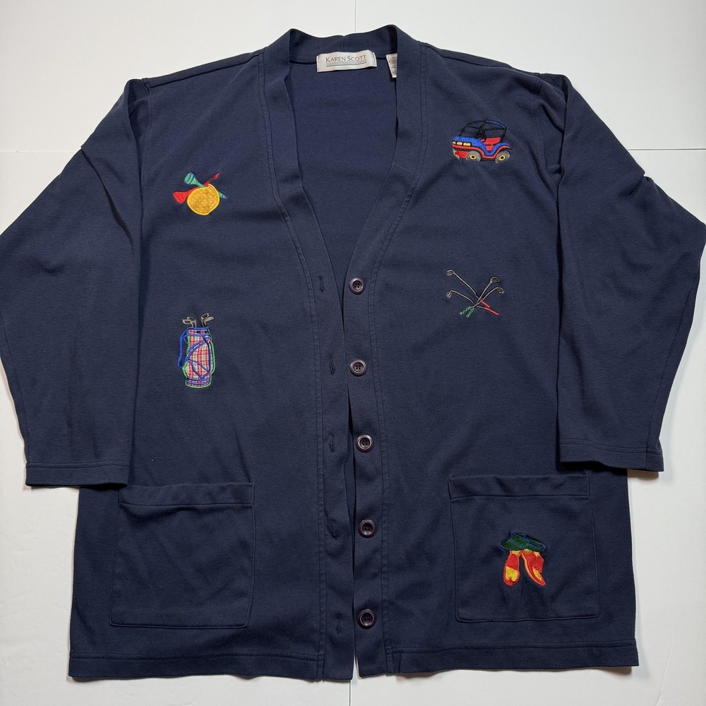 Vintage Karen Scott Sweater Cardigan Womens Large Navy Golf Embroidered 90s